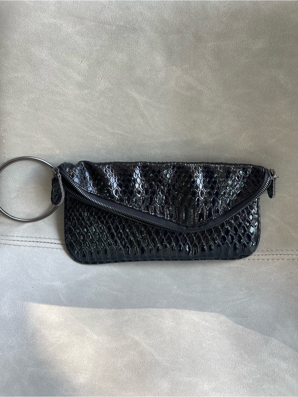 Aldo Black Faux-Snake Ring-Handle Wristlet Clutch